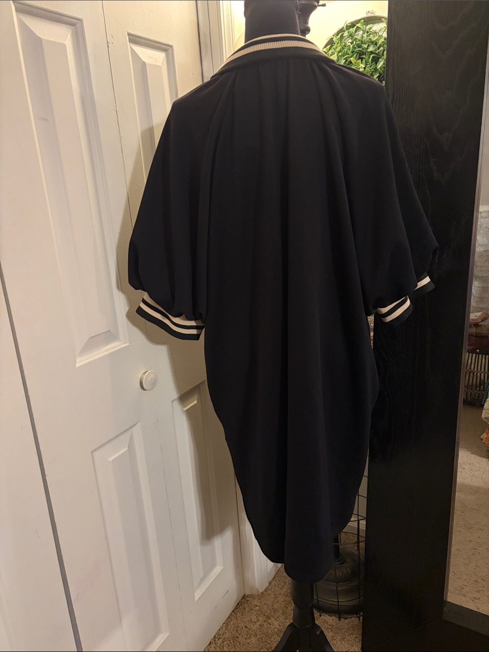 Black Half Zip Puff Sleeve Mini Dress with Contrast Collar and Cuffs - Picture 2 of 8
